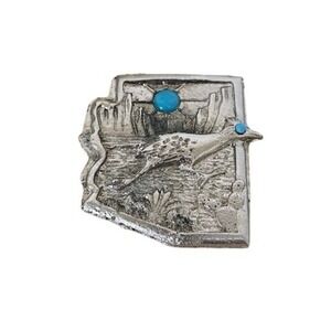 Arizona State Silver Toned Roadrunner Brooch Pin Turquoise Colored Southwestern